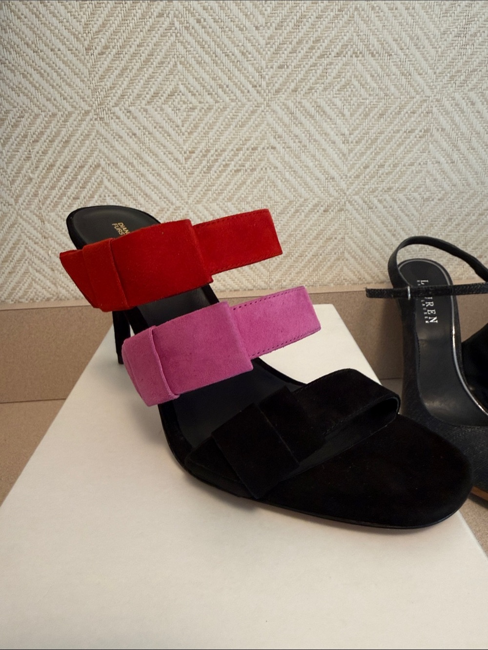 Diane Von Furstenberg Colorblock Suede Strap Heels — Red, Pink & Black